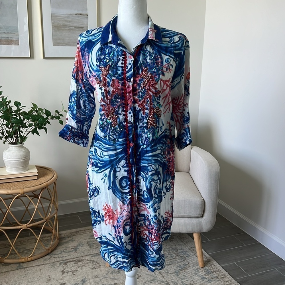 Antica Sartoria Positano Sequin Coral Print Italian Resort Cover Up Dress Size S - Picture 4 of 17